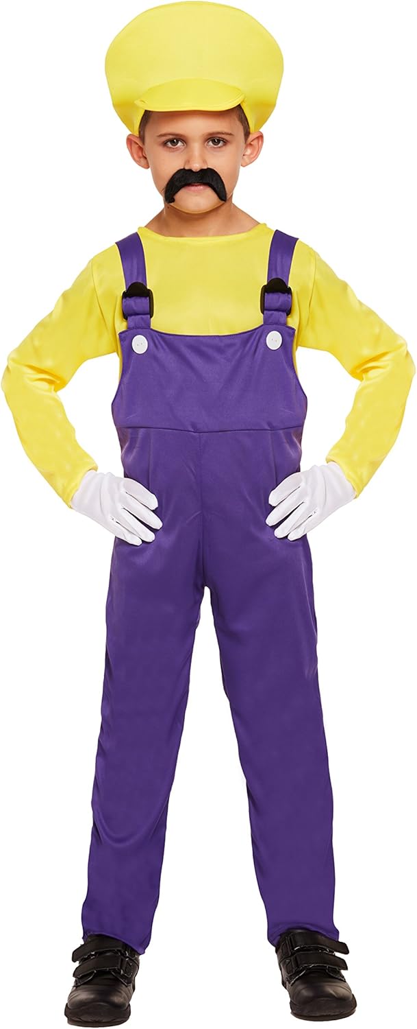 HENBRANDT Children’s Green Super Plumber Fancy Dress Costume Retro 1980s Videogame Green + Blue Overalls Moustache Brothers Size Large Ages 10-12 Fancy Dress for Boys Super Workman Outfit for Kids.