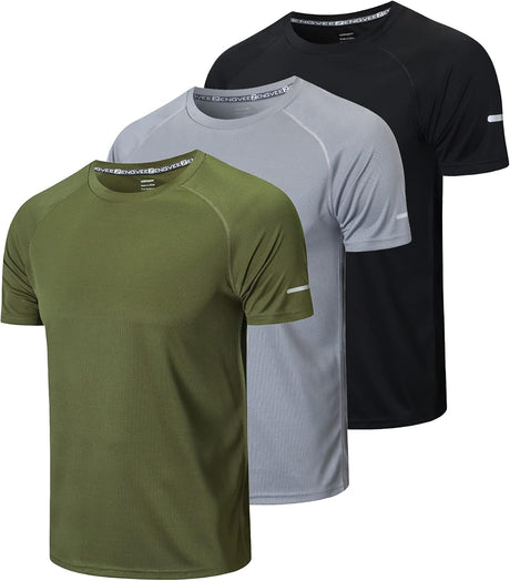 HUAKANG 3 Pack T Shirts Men Breathable Sport Shirts Men Cool Dry Running Tops Short Sleeve Gym Tops Athletic for Men.