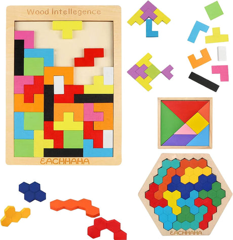 EACHHAHA 3 in 1 Wooden Intelligence Puzzles Set,Tangram puzzles,Bright colors, Improve color recognition and logic abilities,Building Blocks Game,Puzzles for Kids.