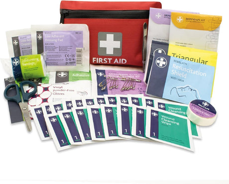 Lewis-Plast Premium 92 Piece First Aid Kit - Safety Essentials for Travel, Car, Home, Camping, Work, Hiking & Holiday Red , Small.