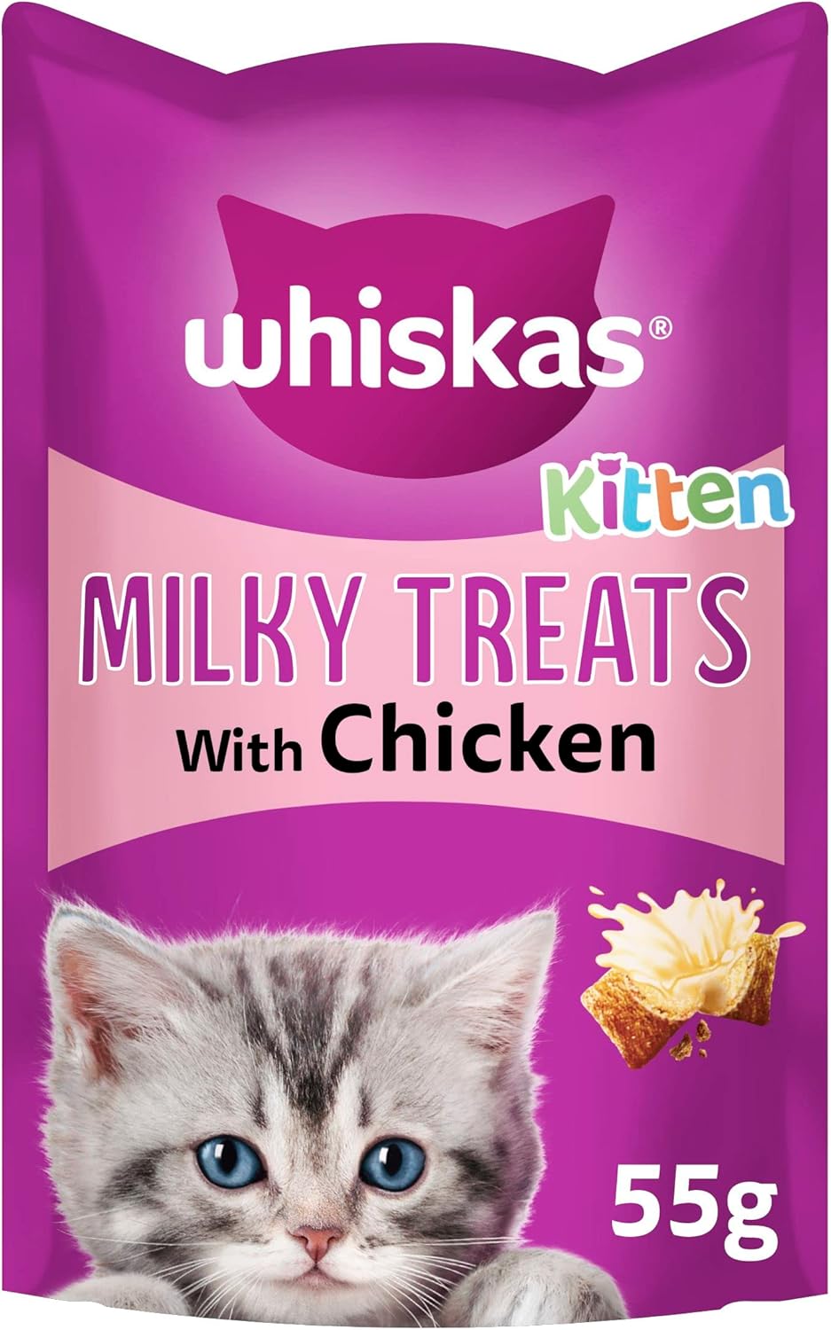 Whiskas Kitten Milky Treats - Tasty, milky treats for kittens from 2 - 12 months, small bite size snacks with a delicious milky filling, Pack of 8 (8 x 55 g)