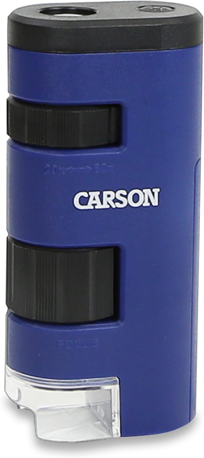 Carson Pocket Micro 20x-60x LED Lighted Pocket Microscope for Viewing Stamps, Coins, Fabric, Nature, Printing, Electronics and Everyday Items (MP-250), Blue.