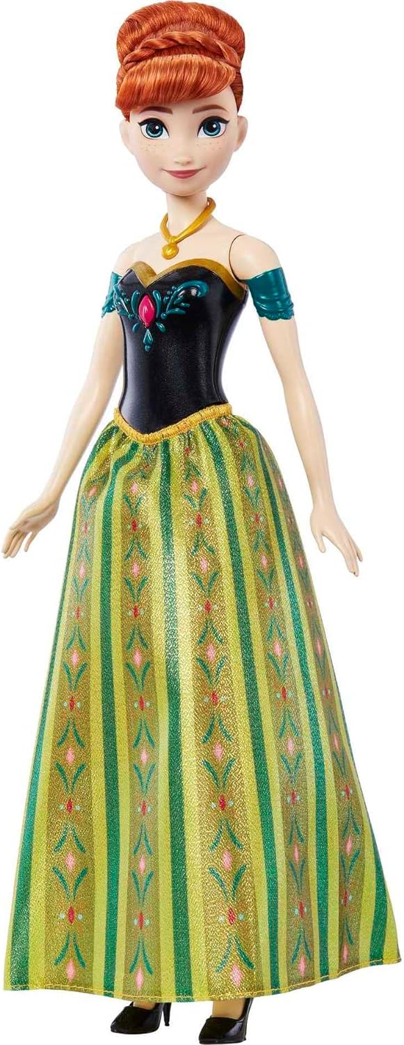 Mattel Disney Frozen Singing Anna Doll, Frozen Anna in Signature Clothing, Button Sings "For the First Time in Forever" Song, Toys for Ages 3 and Up, One Doll, English Version, HLW56.