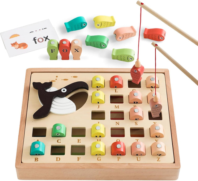 Fishing Game Toy for Kids Montessori Magnetic Letters Toys for 2 Year Olds Wooden Fishing Games with Pole Educational Learning Toy Gift for 2 3 4 Year Olds Girls Boys Fine Motor Skill Toddler Toys.