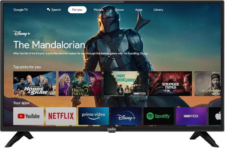 Cello Google 32 inch Smart Android TV with Freeview Play, Google Assistant, Disney+, Netflix, Apple TV+, Prime Video. Made in the UK.