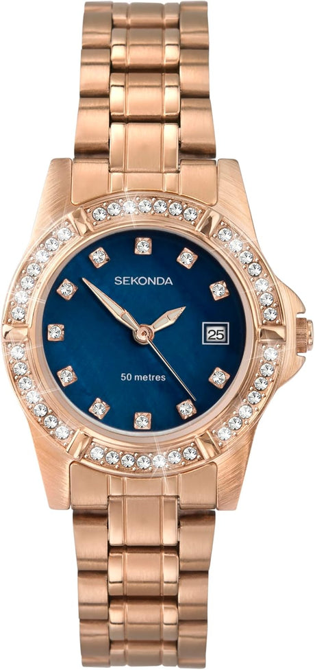 Sekonda Sienna Ladies 28mm Stone Set Bezel Dress Watch 50m Water Resistant with Date Window.