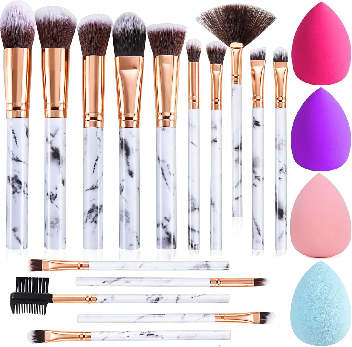 Makeup Brushes DUAIU 15PCs Marble Makeup Brush Set Premium Synthetic Kabuki Powder Blush Contour Foundation Concealer Eyeshadow Brushes with Makeup Sponge.