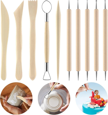 Thinp 10 Pieces Polymer Clay Tools, Wooden Clay Sculpting Tools Clay Modelling Tools Pottery Tools Kit for Adults Kids Pottery Craft Sculpting Modeling Shaping Carving and Dotting.