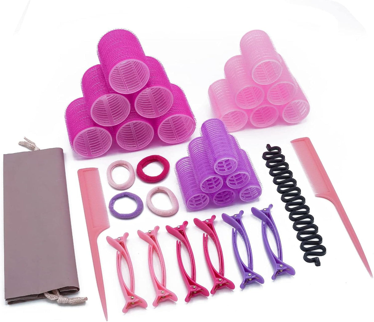 Hair Rollers With Clips–38 Pcs Set-18 Velcro Rollers For Hair-3 Rollers 44:36:25mm Each-12 Clips-1 Braid Tool -4 Hair Bands-2 Combs and 1 String Bag.