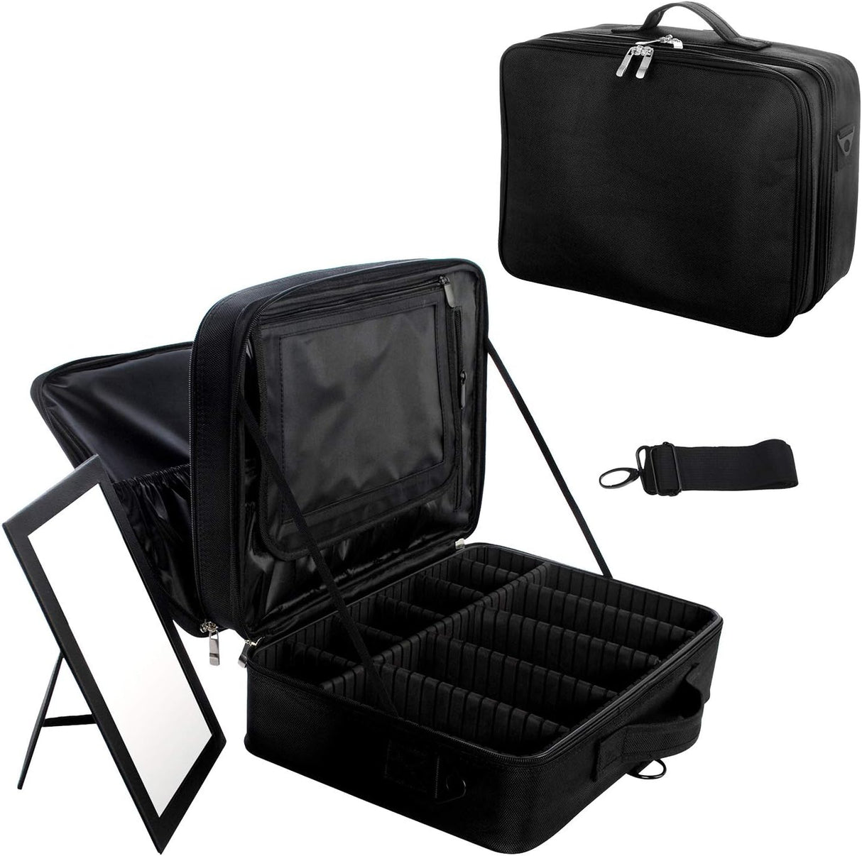 Joligrace Large Oxford Fabric Professional Makeup Bag with Removable Back Strap Cosmetic Case Beauty Box Hairdressing Tools Organiser Storage Box (Double Tiers Medium, Black).