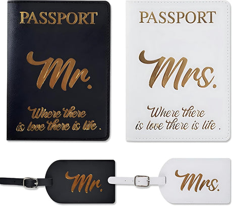 His and Hers Giftable Travel Pack | 2 x Passport Covers and 2 x Luggage Tags | Designed Especially for Couples Travel Lovers | Suitable Wedding Gift | Cute and Thoughtful | PU leather Black and White.