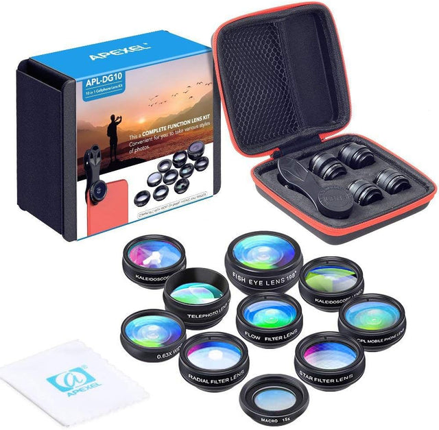 Apexel 10 in 1 Phone Camera lens kit Wide Angle lens, Macro lens, Fisheye lens, Telephoto lens, Kaleidoscope 3/6 lens CPL/Flow/Star/Radial Filter Clip-on Phone for iPhone Samsung Most of Smartphone.