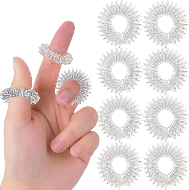 8 Pieces Spiky Sensory Finger Rings Acupressure Ring Set Silver Spikey Fidget Ring Fidget Sensory Toys for Silent Stress Reducer and Massager Improves Blood Circulation.