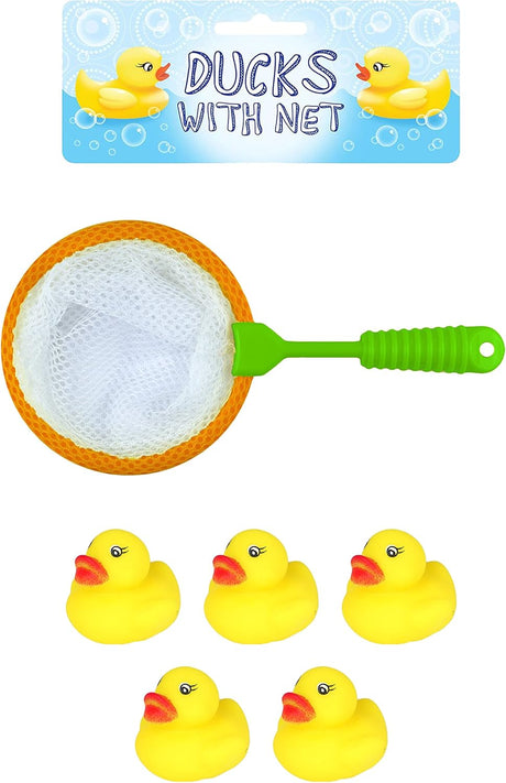 5 Mini Yellow Rubber Ducks with Fishing Net, Baby Toddler Bath Toy, Great for Paddling Pool Games and Bathtub Play (One Pack).