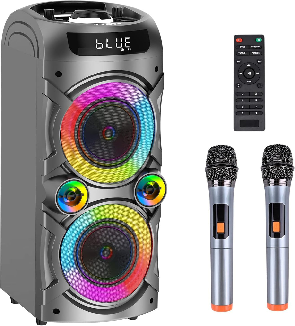 TYOTY Karaoke Machine with 2 Wireless Microphones, Portable PA System Big Bluetooth Speaker with LED Lights, Remote Control Support Bass/Treble Adjustment, TF Card/USB, REC for Adult Kids Home Party.