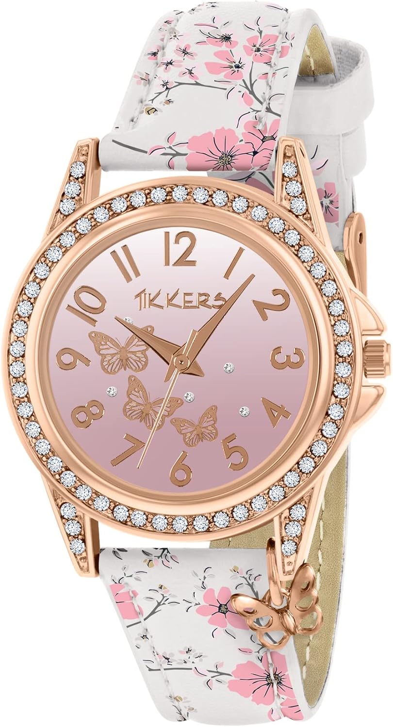 Tikkers Rose Gold Case Flower Printed Butterfly Charm Watch - NTK0029.