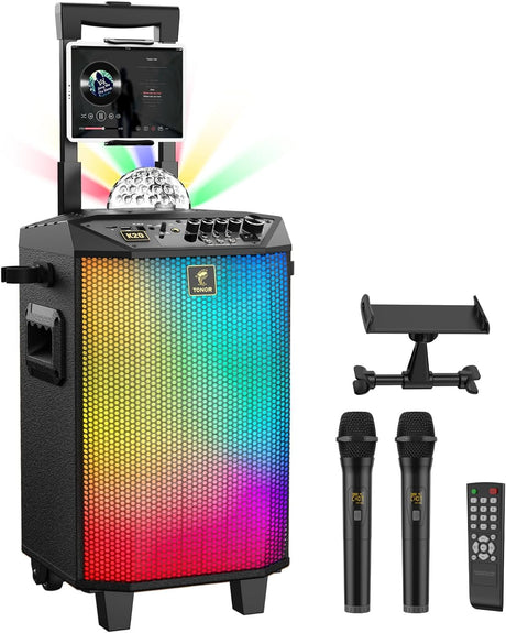 TONOR Karaoke Machine for Adults, Portable Bluetooth Speaker with 2 Wireless Microphones, PA System Woofer with Remote Control, Lyrics Display Holder, Disco Ball, Bass/Treble Adjustment for Party K20.