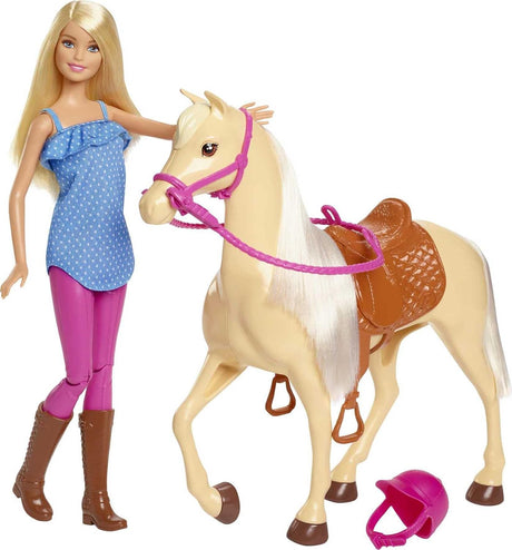 Barbie Doll, Blonde, Wearing Riding Outfit with Helmet, and Light Brown Horse with Soft White Mane and Tail, Gift for 3 to 7 Year Olds, FXH13.