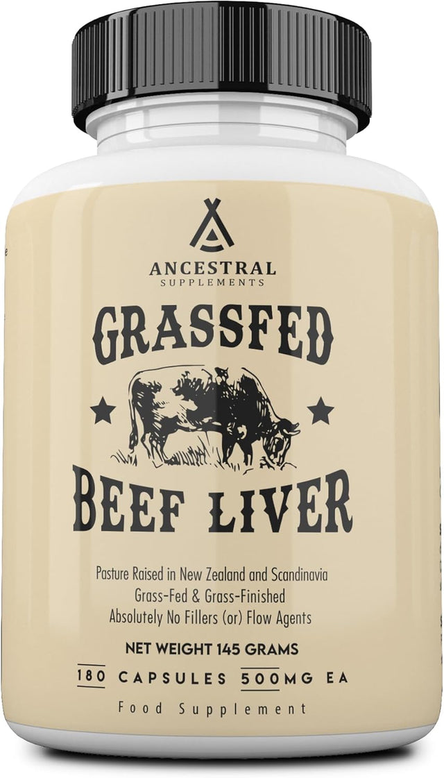 Ancestral Supplements Grass Fed Beef Liver Capsules, Supports Energy Production, Detoxification, Digestion, Immunity and Full Body Wellness, Non-GMO, Freeze Dried Liver Health Supplement, 180 Capsules.