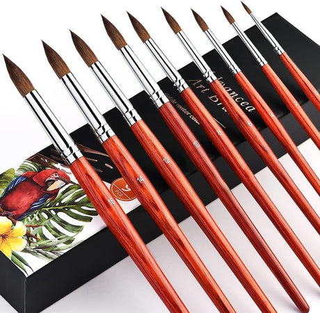 Kolinsky Watercolor Brush Set 9 Pcs Round Pointed Professional Paint Brush Artist Acrylic Brush for Watercolor Gouache Acrylic.