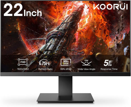 KOORUI 22 Inch Business Computer Monitor, FHD 1080p 75hz Desktop Monitor, Ultra Thin Eye Care Bezel HDMI VGA Ports LED Monitor for PC, Black.