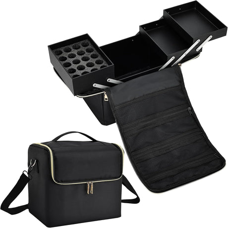 Vanity Case Makeup Storage Box Organiser Travel Train Case Luggage Makeup Case Make Up Beauty Box with Shoulder Strap, Large Size, Black.