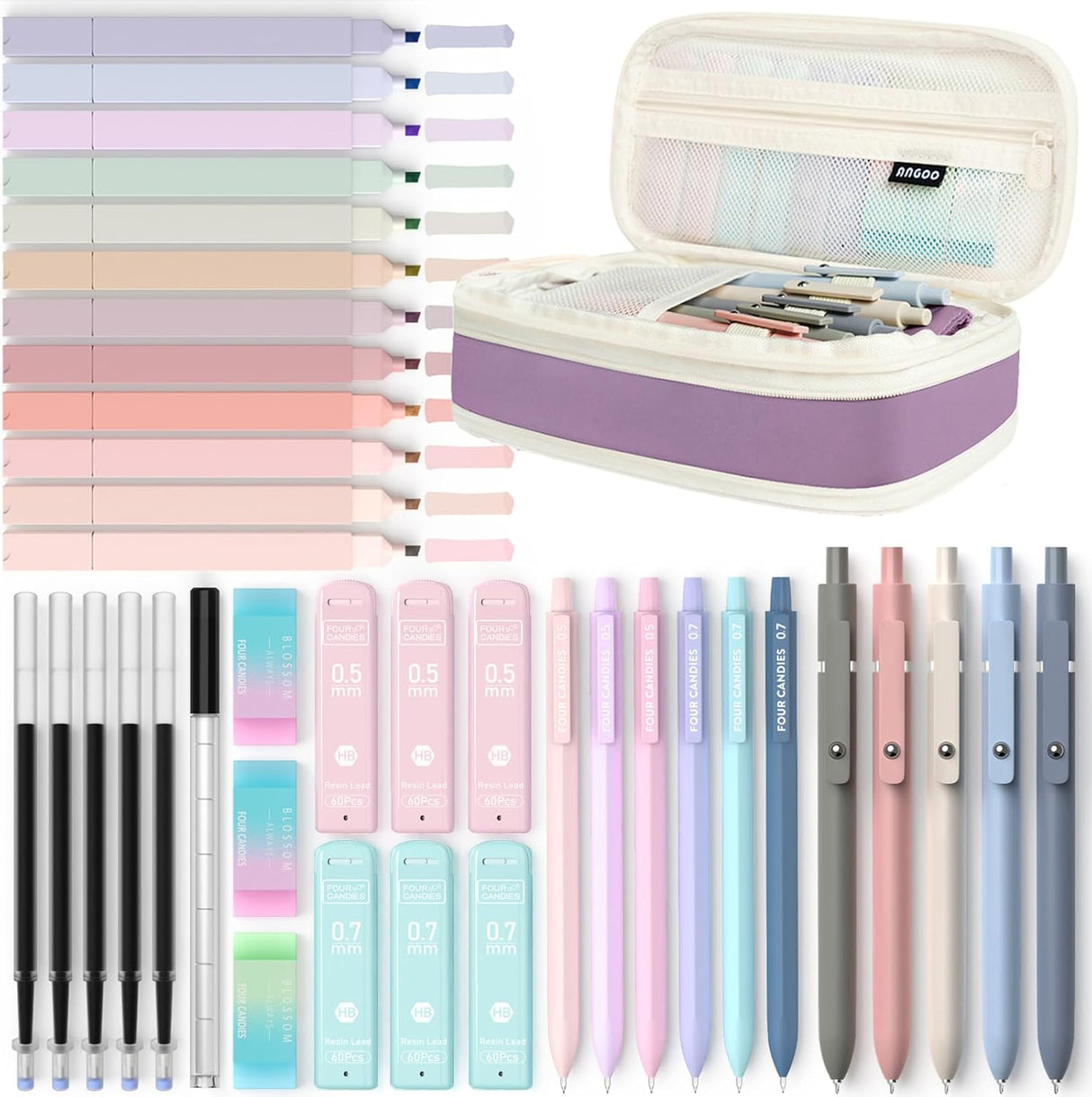 Four Candies 39 PCS Aesthetic School Supplies with Cute Pen Case, 12 Pastel Highlighters, 5 Black Ink Gel Pens, 6 Mechanical Pencils Set 0.5 & 0.7 mm for Students Stationary College Essentials (Pink)