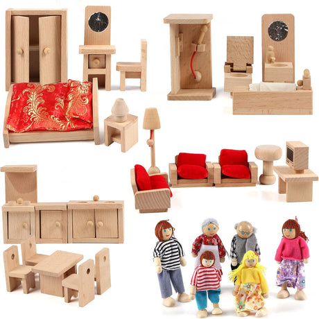 KABENFIS 5 Set Dollhouse Furniture Accessories with a family of 6 dolls Decoration Pretend Play Toys for girls boys.