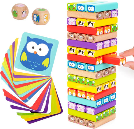 Nene Toys 4-in-1 Wooden Tumble Tower Game with Animals & Colors - Family Game for Kids Ages 3-9 - Cognitive Skills Booster, Educational Board Game for Children - Gift for Boys Girls 3+ years.