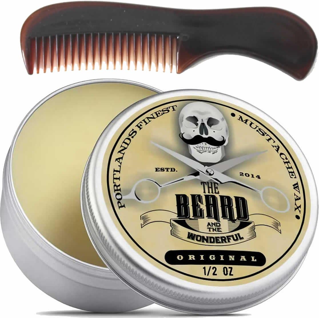 Moustache and Beard Wax 15ml - Pocket Sized Comb - Promotes Facial Hair Growth - Ideal Beard Styling for Men with Natural Ingredients, Strong Hold, & Whiskey on the Rocks Scent Wax.