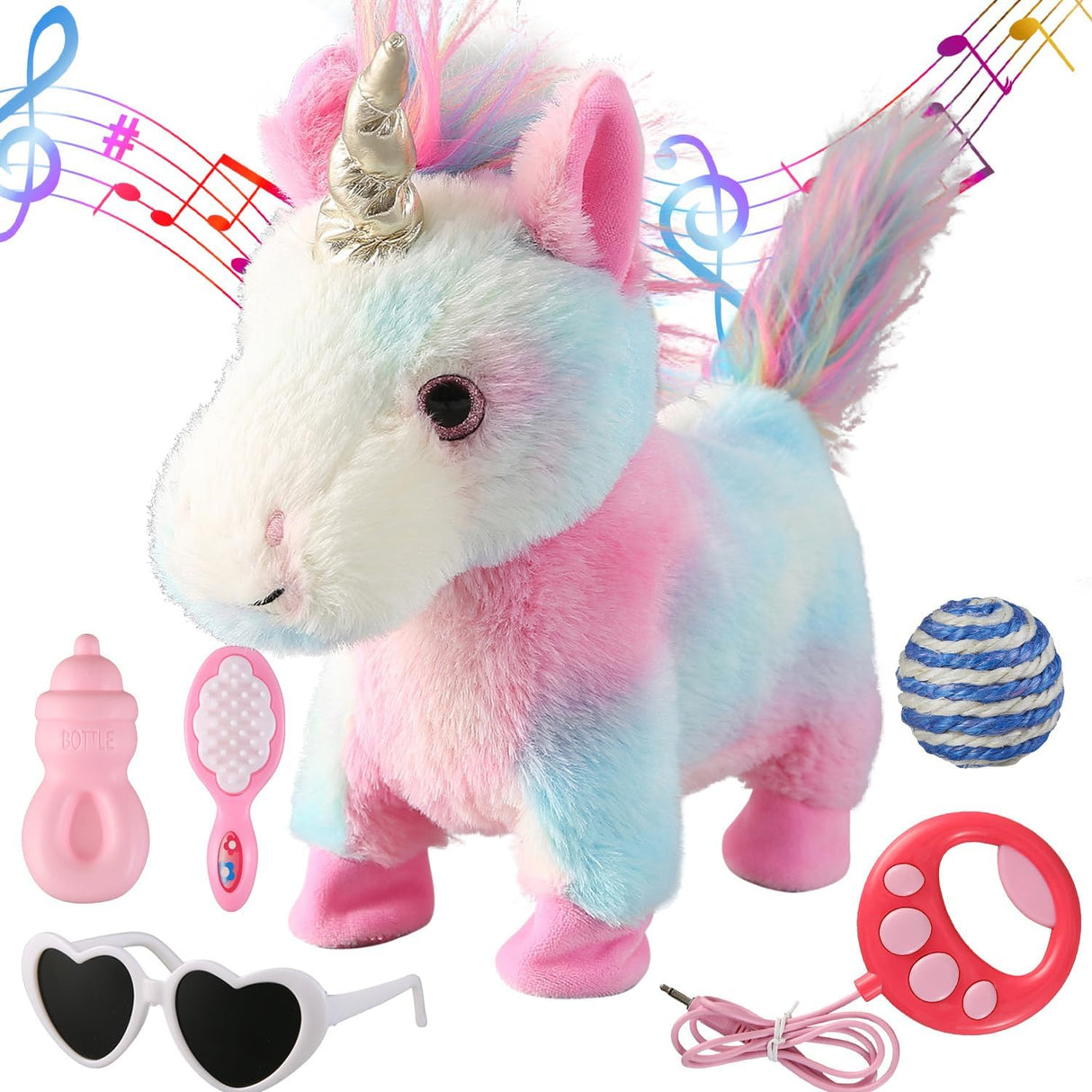 Walking Unicorn Toy Set Singing Dancing Electronic Plush Unicorn with Leash, Touch Control Realistic Footsteps, Nodding, Tail Wagging, Pretend Dress Up Cute Wings Unicorn Animated Pet Gift for Girl.