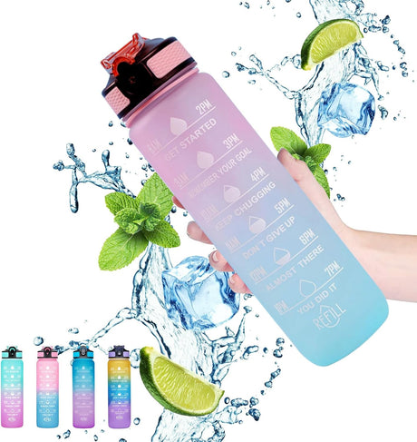 Gaiayhc Sports Water Bottle 1 L,Motivational with Time Marker and Straw,30oz Leakproof Design for Sports,Hiking,Gym,Fitness,Outdoor,Cycling,School & Office, Gradient Purple Blue.