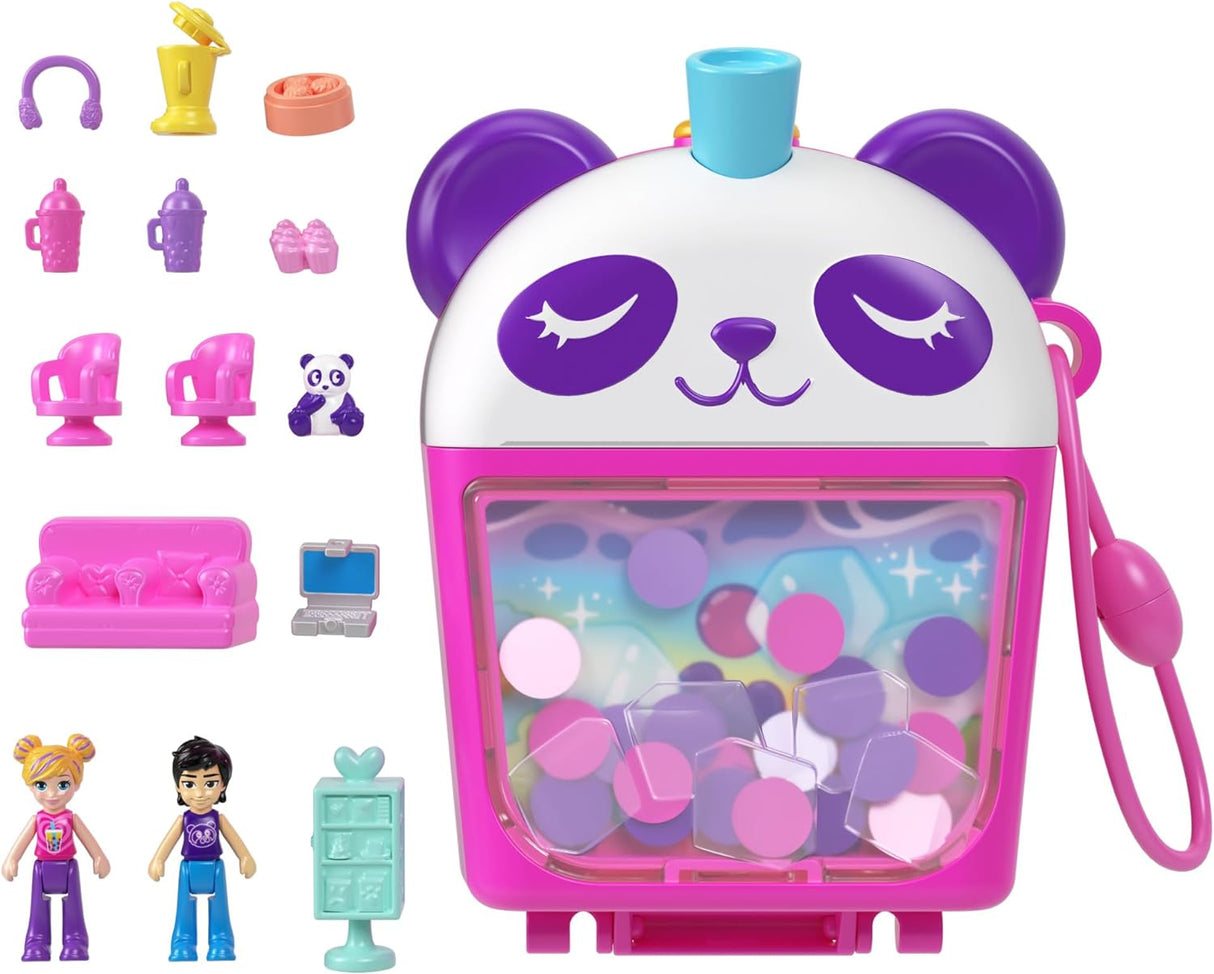 Polly Pocket Dolls and Playset, Bubble Tea Panda Compact, Animal Toy with 2 Micro Dolls, Pet Panda, Food Accessories.