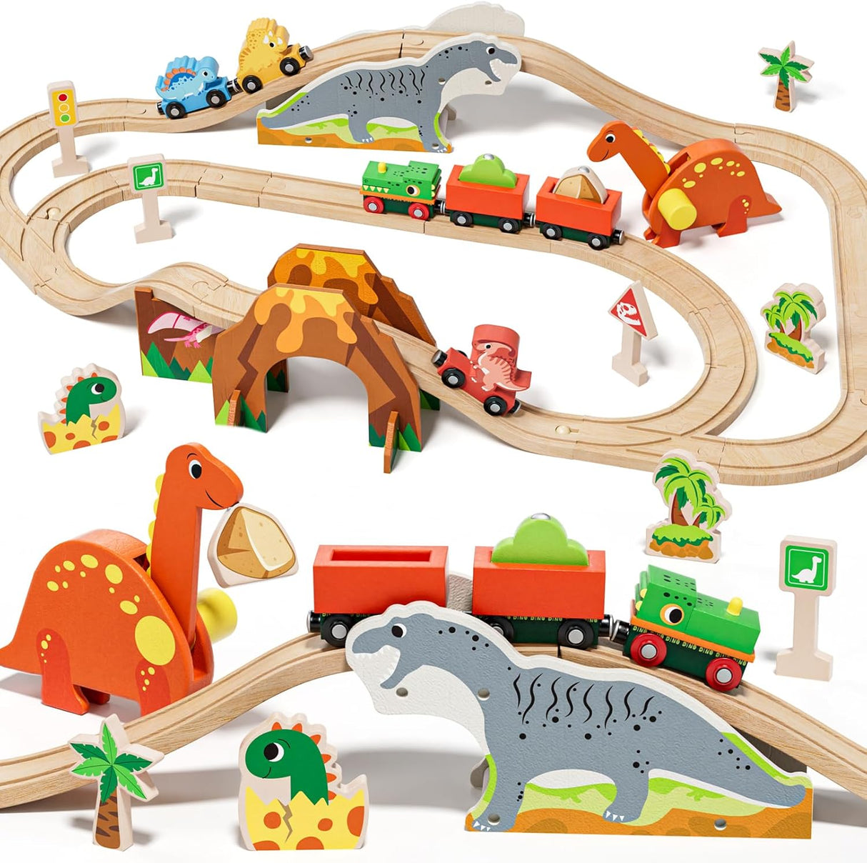 Lehoo Castle Wooden Train Set, Wooden Train Track, Toy Train Dinosaur Toys for 3 4 5 Year Old Boys, Magnetic Train with Wooden Rails, Fits Thomas, Brio.