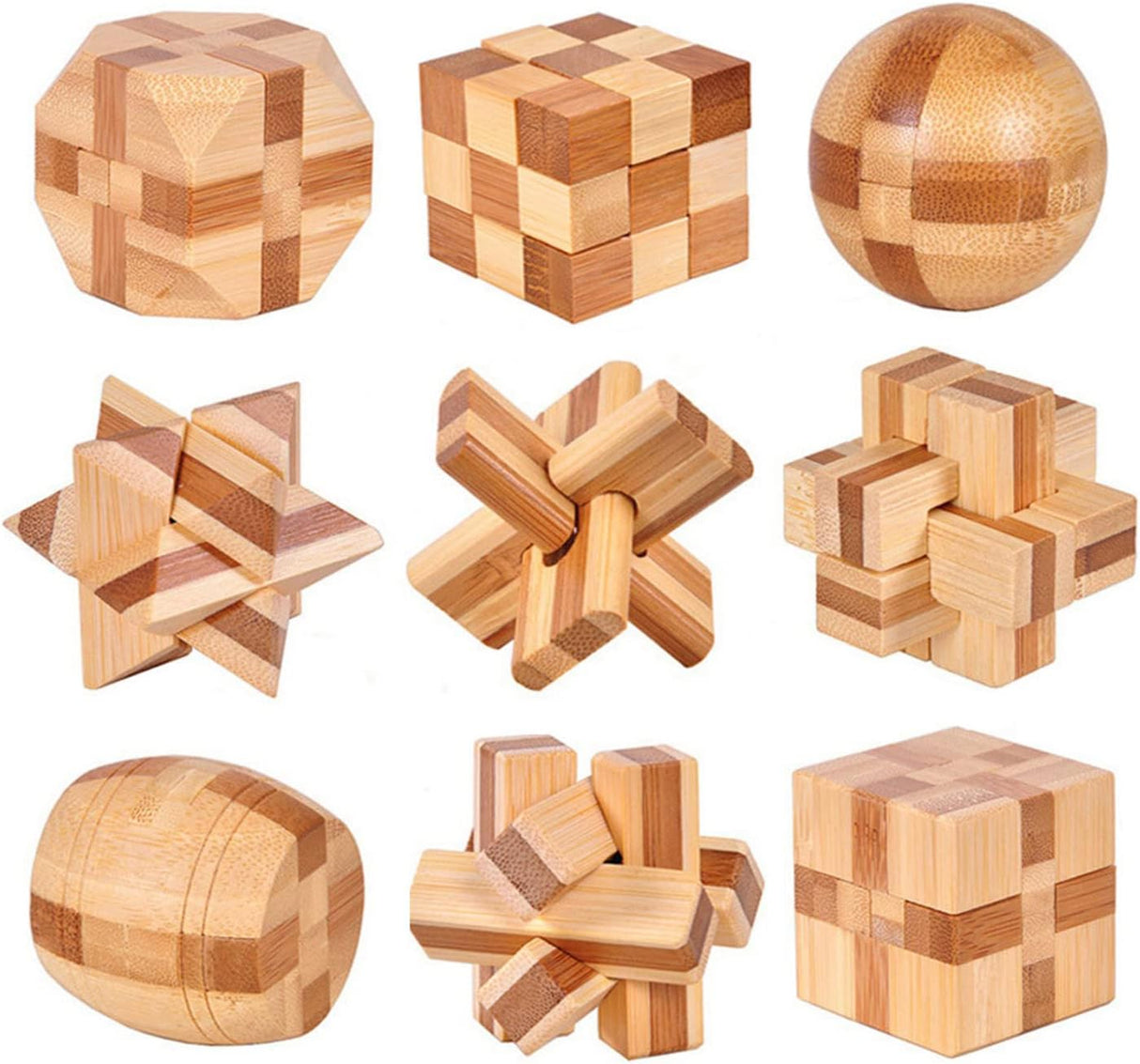 Holzsammlung Set of 9 3D Wooden Brain Teaser Puzzles, IQ Challenge Puzzle Games, Small Logic Mind Puzzle Box Toy Removing Assembling Lock Puzzle Gift Set for Adults Teenagers Kids, 1.8inch 4.5cm.