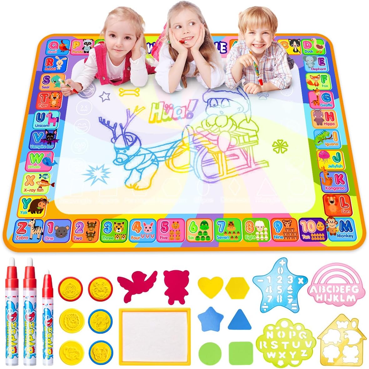 Water Doodle Magic Mat, Larger 100 x 78cm Multicolored No Mess Water Drawing Painting Pad with 3 Magic Pens & 8 Stamps - Best Educational Toy & Xmas Gifts for Boys& Girls Age 3 4 5 6+ Years Old.