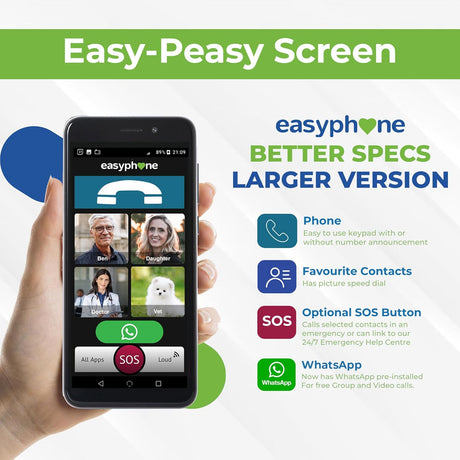 Easyphone® Easy To Use Simple Smartphone - Works on all networks- No Contract Mobile Phone - 6" Bright Screen, Loudspeaker, SOS GPS, & 4G - UK Support & Helpline - Includes WhatsApp & Charging Dock.