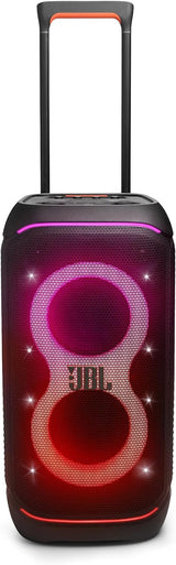 JBL Partybox Stage 320 Portable Bluetooth Party Speaker with Wheels and Telescopic Handle, Pro Sound, Splashproof Design, Light Show, AI Sound Boost, 18-Hour Playtime, Black.