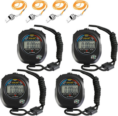 Vegena Sports Stopwatch Timer, 4 Pcs Sport Digital Stopwatch with 4 Stainless Steel Whistles, Display Sports Digital Stopwatch, Multi Handheld Stopwatch Timer for Coaches Swimming Running Training.