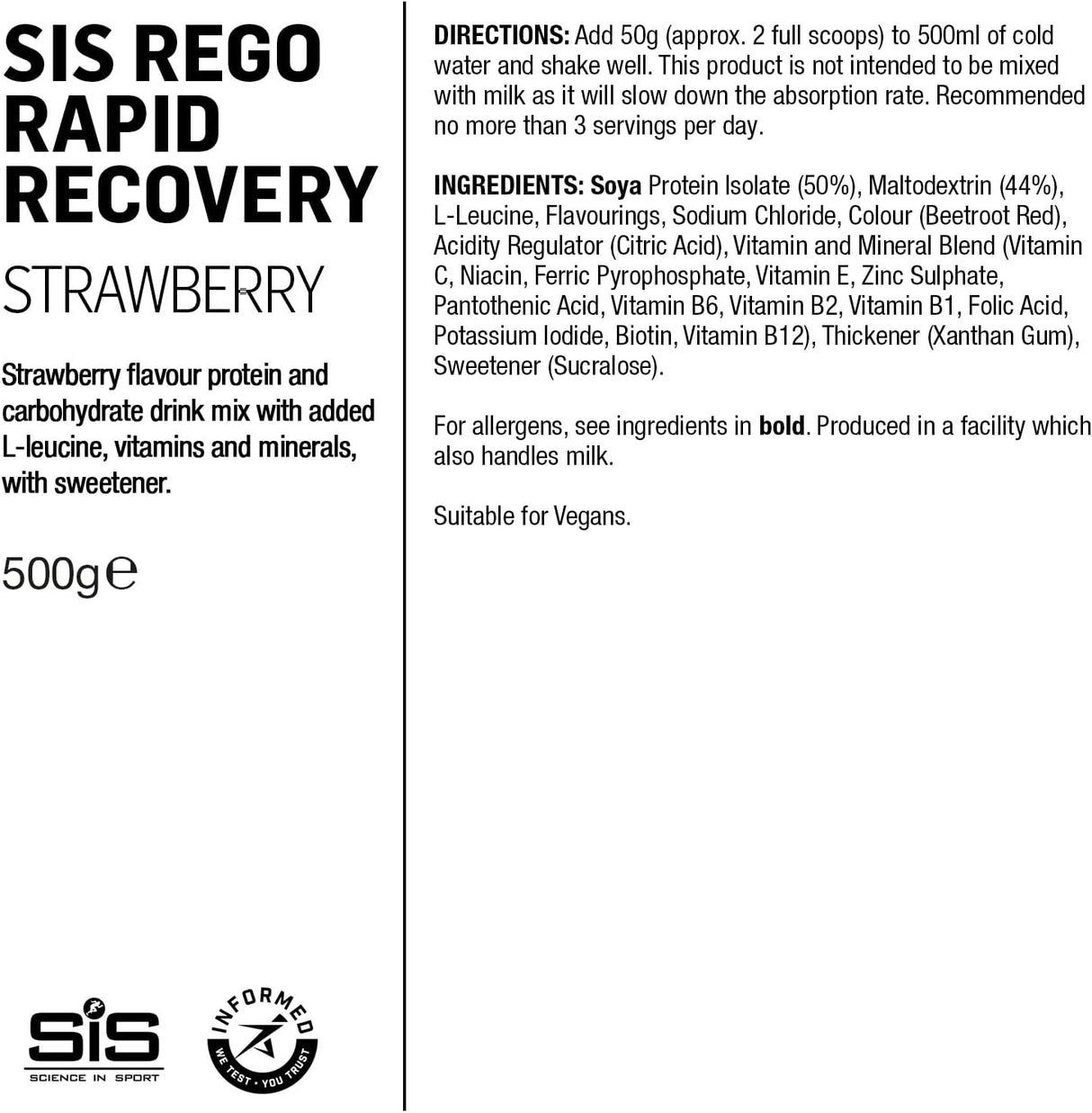 Science In Sport REGO Rapid Recovery Protein Powder, Strawberry Protein Powder with Added L-Leucine, Vitamins and Minerals for Muscle Recovery, 10 Servings, 500g.