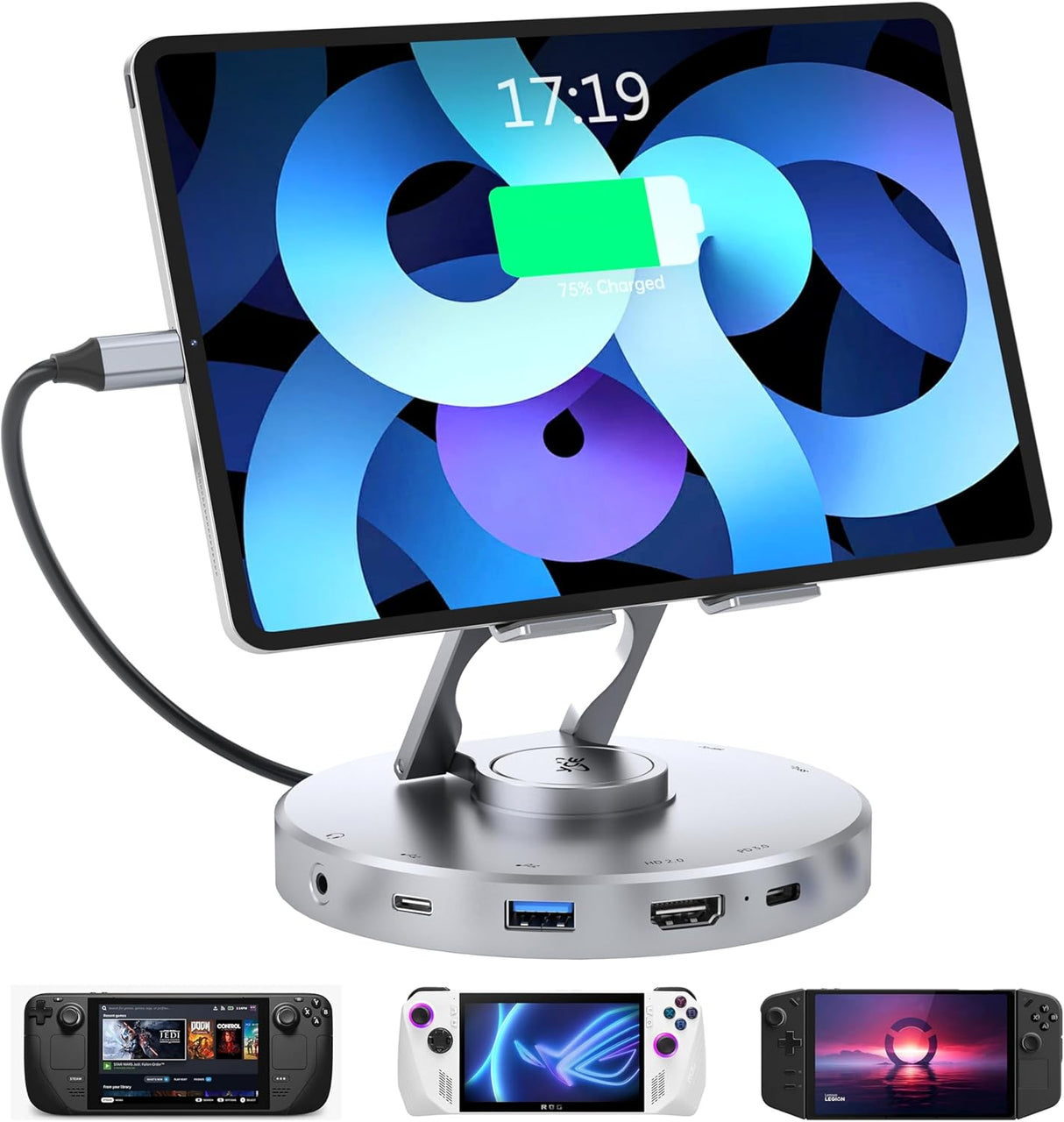 YCE 10 in 1 Docking Station for iPad Pro Steam Deck and ROG,With 4K@60Hz HDMI,SD TF 4.0 Reader 100W PD,Audio,USB A,USB C Rotatable Folding Type-C Tablet Stand Holder for iPad,Steam Deck,ROG Ally,Phone