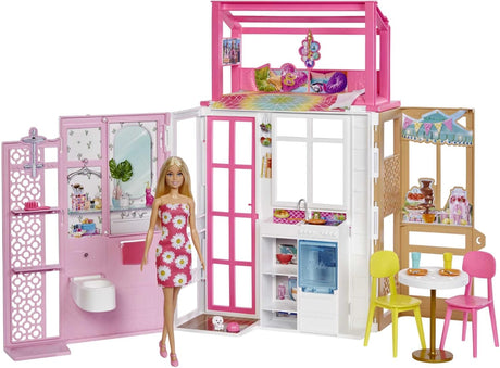 Barbie Dollhouse Playset with Barbie Doll & House with 2 Levels & 4 Play Areas, Fully Furnished, with Pet Puppy & Accessories, Gift for Kids 3 Years Old and Up, HHY40.