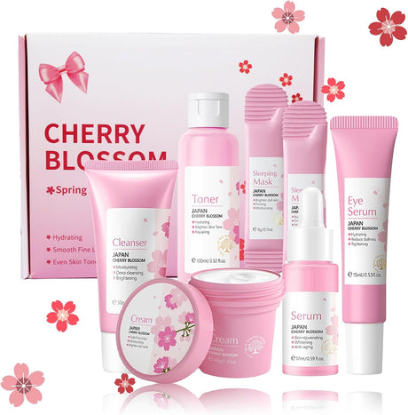 Skincare Gifts For Teenage Girls,Cherry Blossom Skincare Sets,Facial kit,Pamper Sets For Women Gifts,Skin Care Sets & Kits with Cleanser, Face Serum, Face Cream,Toner,Eye Cream,Mask (7PCS Sakura).