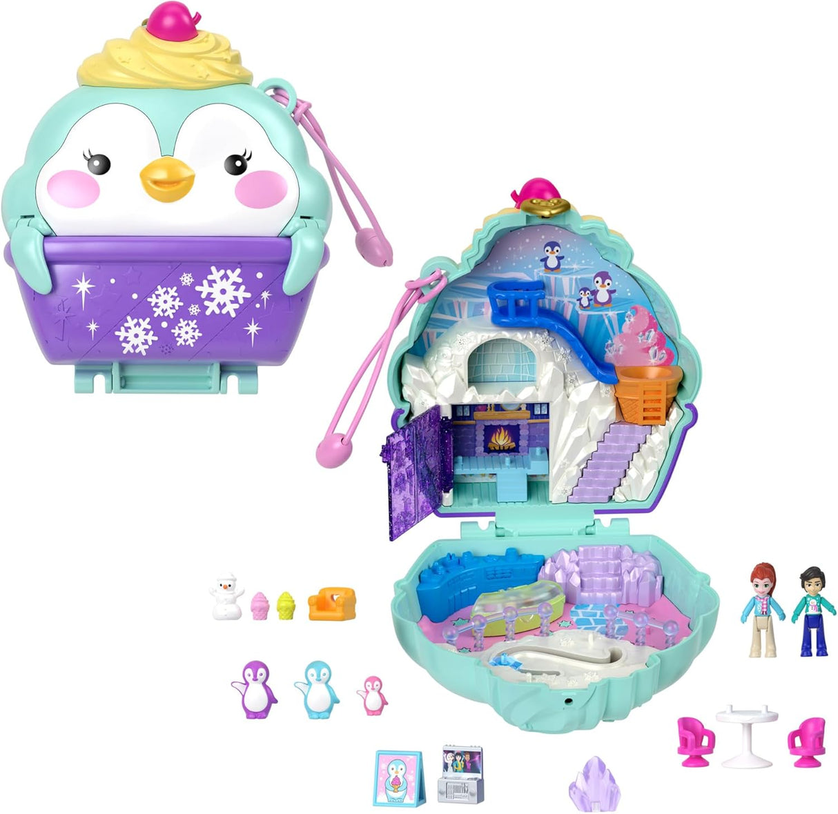 Polly Pocket Dolls and Playset, Bubble Tea Panda Compact, Animal Toy with 2 Micro Dolls, Pet Panda, Food Accessories.