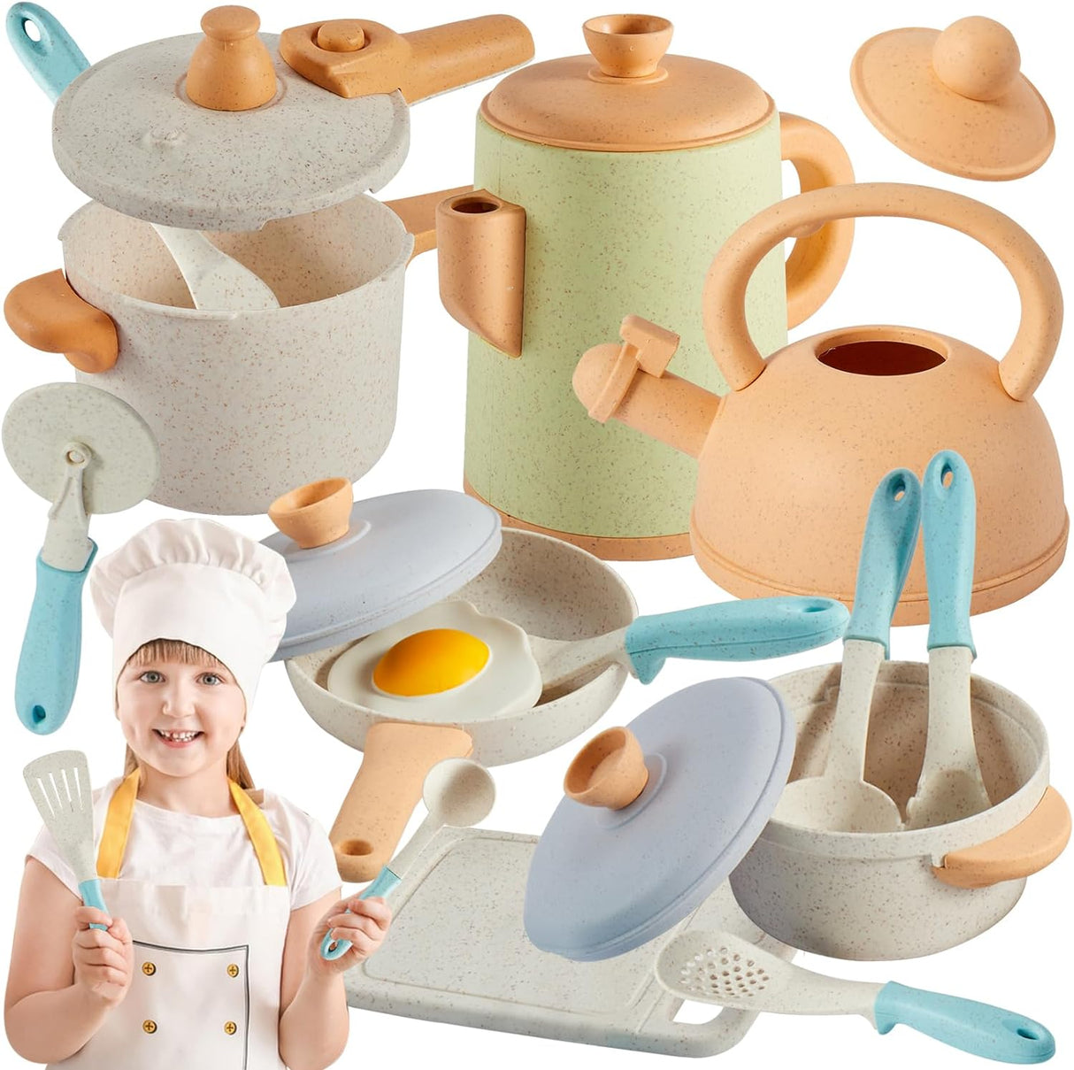 BUYGER Pretend Play Kitchen Toy Set Accessories for Kids Toddler 3 Years Old, Cooking Cookware Pots and Pans Playset Gifts for Kids Girls Boys Toddler.