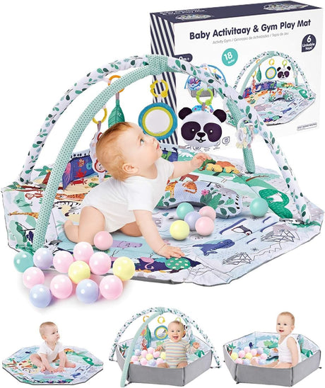 Trongle Baby Playmat, 0+ Months Baby Play Gym with 4 Hanging Toys and 18 Ocean Balls, Space Theme Baby Book, 2 in 1 Washable Soft Cotton Base, Foam Stand, Newborn Gifts (80x80x55).