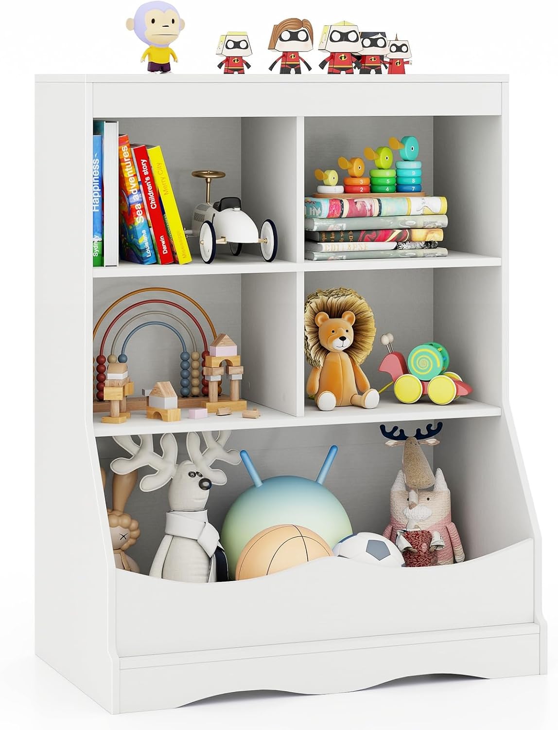 GYMAX Kids Bookshelf and Toy Organizer, Children Wooden Display Bookcase with Compartments & Shelves, Toys Storage Unit for Living Room, Playroom, School & Nursery (White, 67x40x88cm).