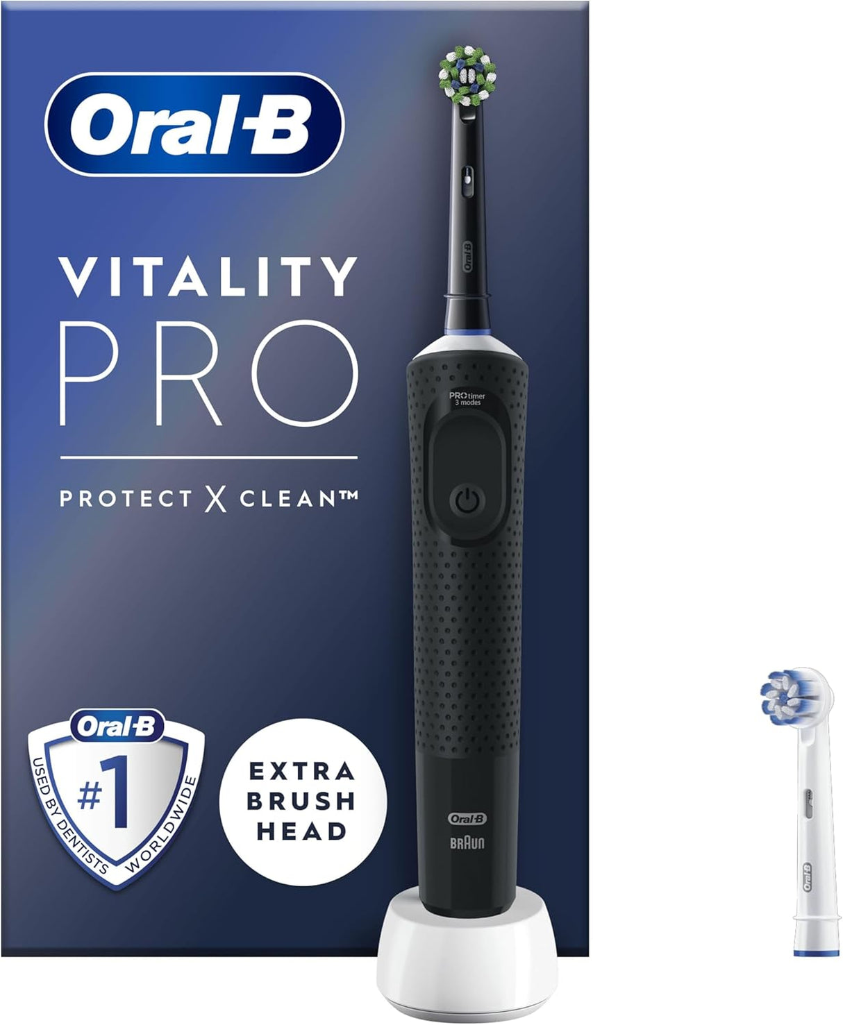 Oral-B Vitality Pro Electric Toothbrushes For Adults, For Him / Her, 1 Handle, 2 Toothbrush Heads, 3 Brushing Modes Including Sensitive Plus, 2 Pin UK Plug, Black.