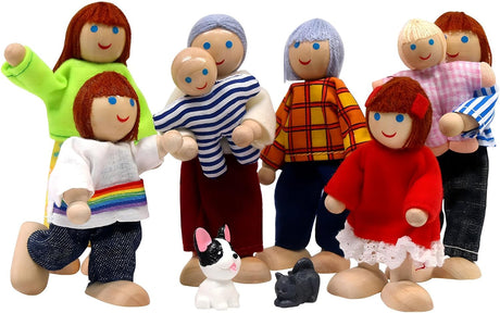 SumDirect Sets of 7 People Wooden Family Doll Toys, Lovely Happy Family Dolls Playset Doll House Accessories for Doll House Kids Children Toy (style 4).