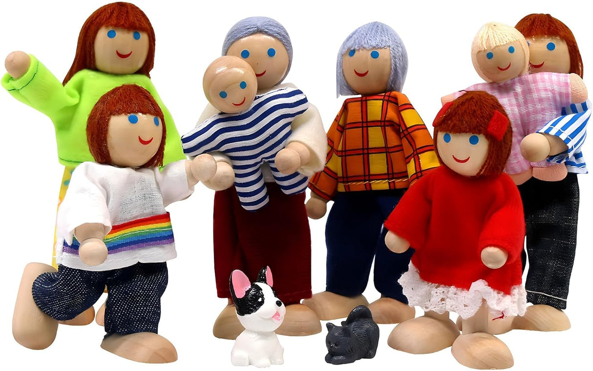 SumDirect Sets of 8 People Wooden Dolls House Family Dolls Toys, Lovely Happy Family Dolls Playset DollHouse Accessories for Doll House Kids Children Girls Toy.